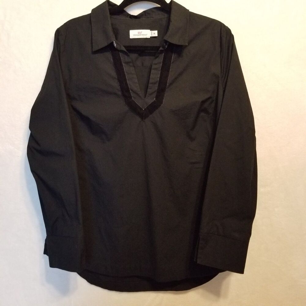 Vineyard Vines M Popover Top Cotton Black Velvet Trim Preppy Holiday Classic